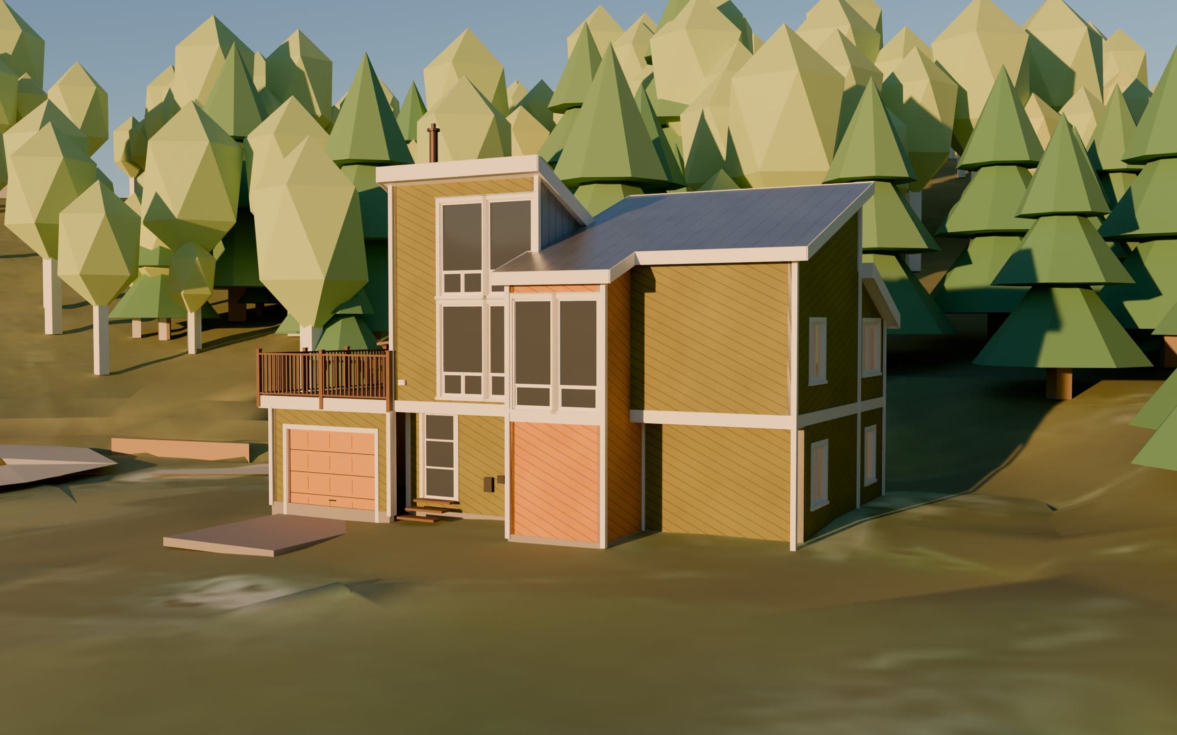Low-poly 3D model of the existing house among simple trees at golden hour
