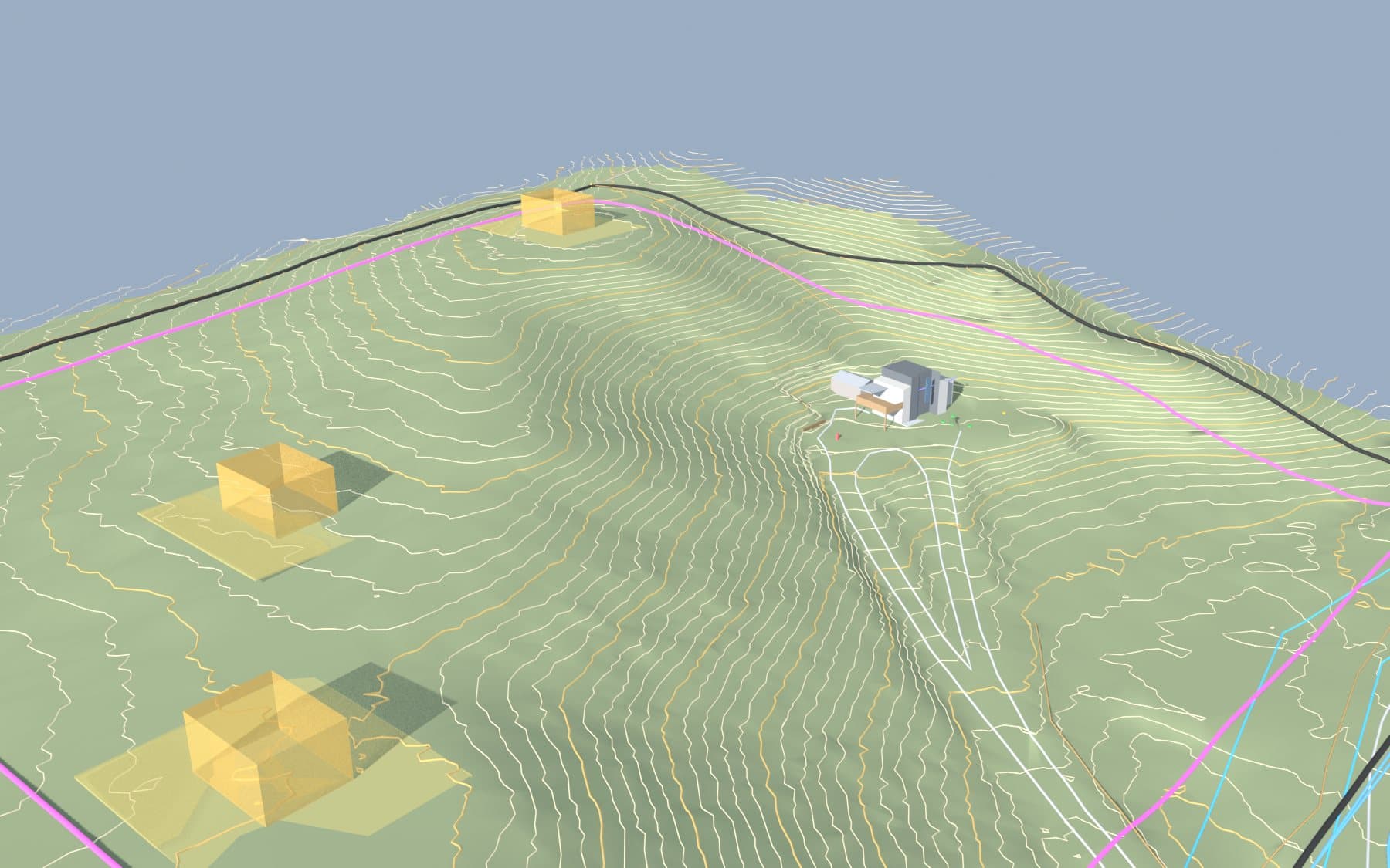 Early site model: contoured terrain with simple massing blocks on candidate building sites