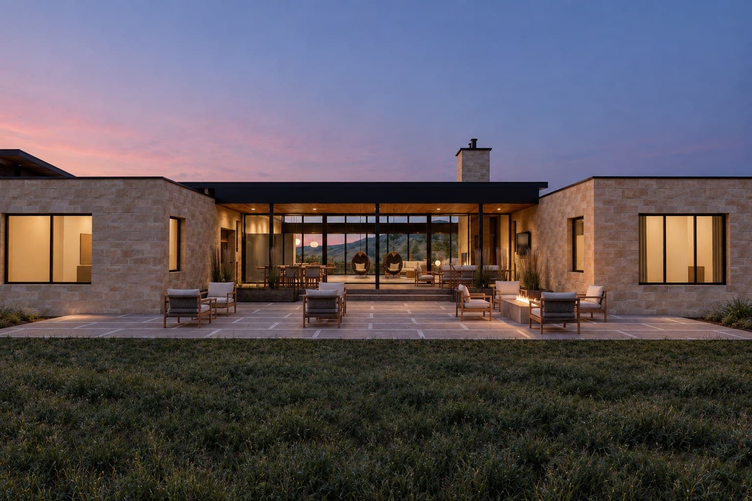 The new home's south courtyard and terrace at dusk