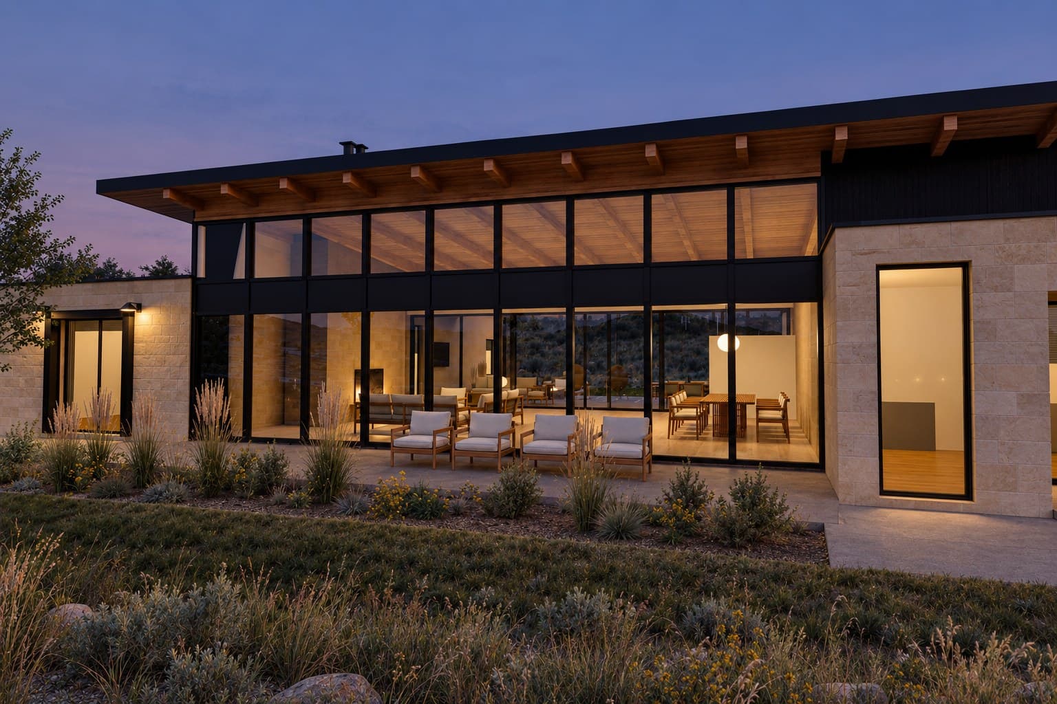 The new home at dusk, its long glass north front glowing
