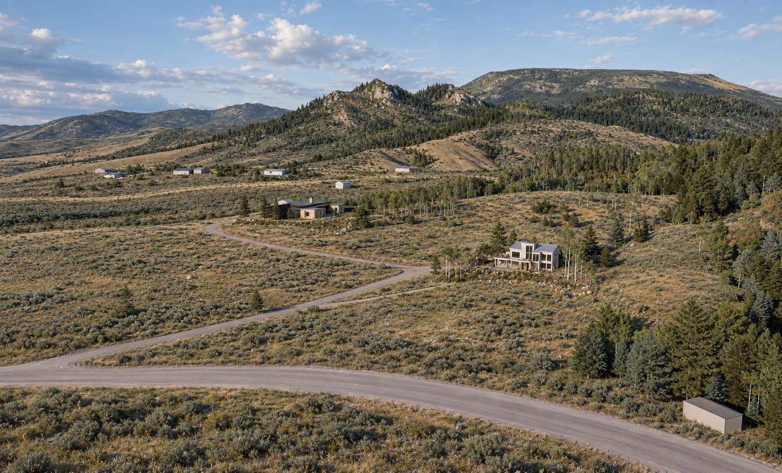 Aerial over both houses and the meadow on a summer evening