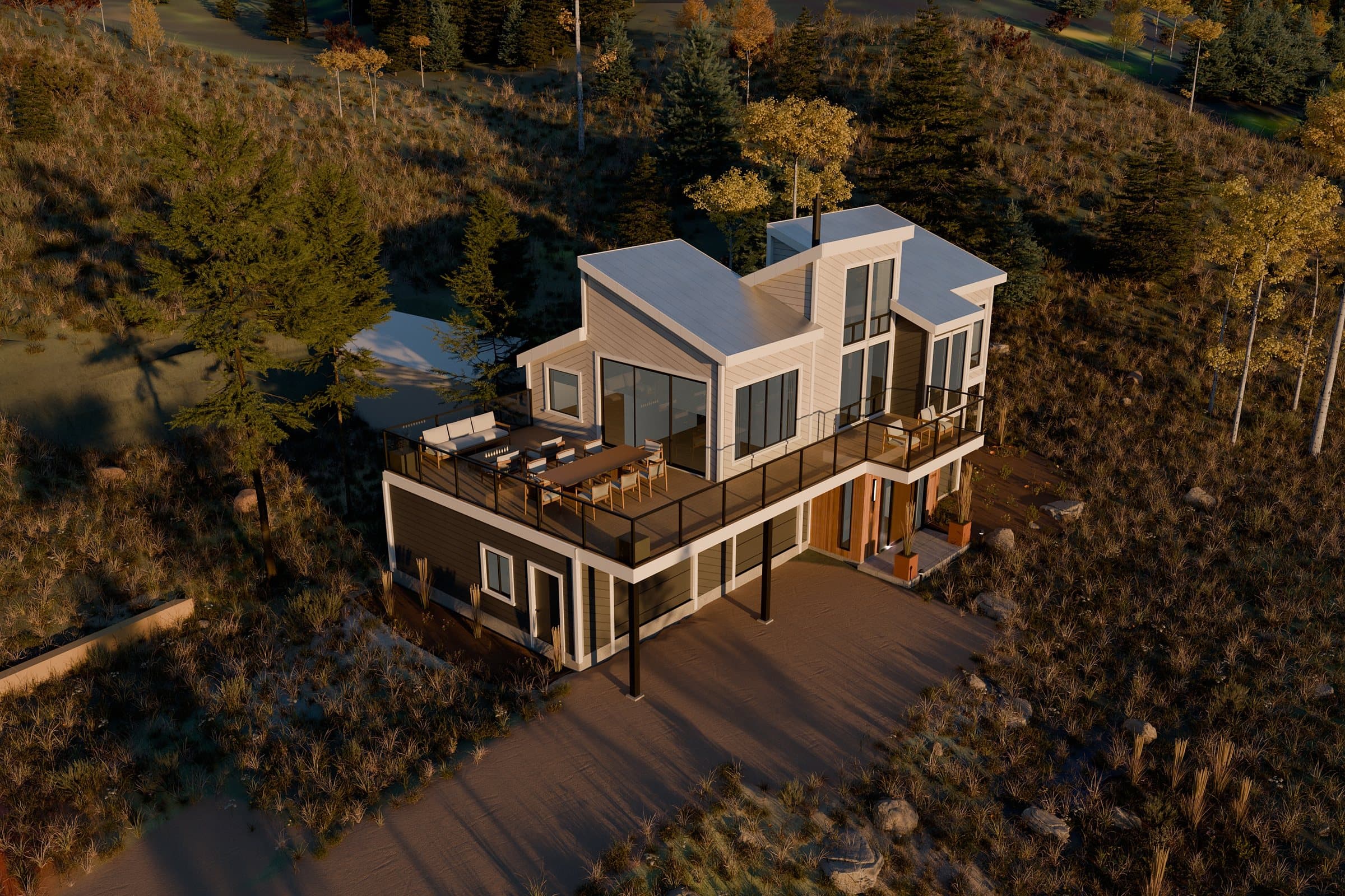 Autumn aerial of the remodeled house among golden aspens