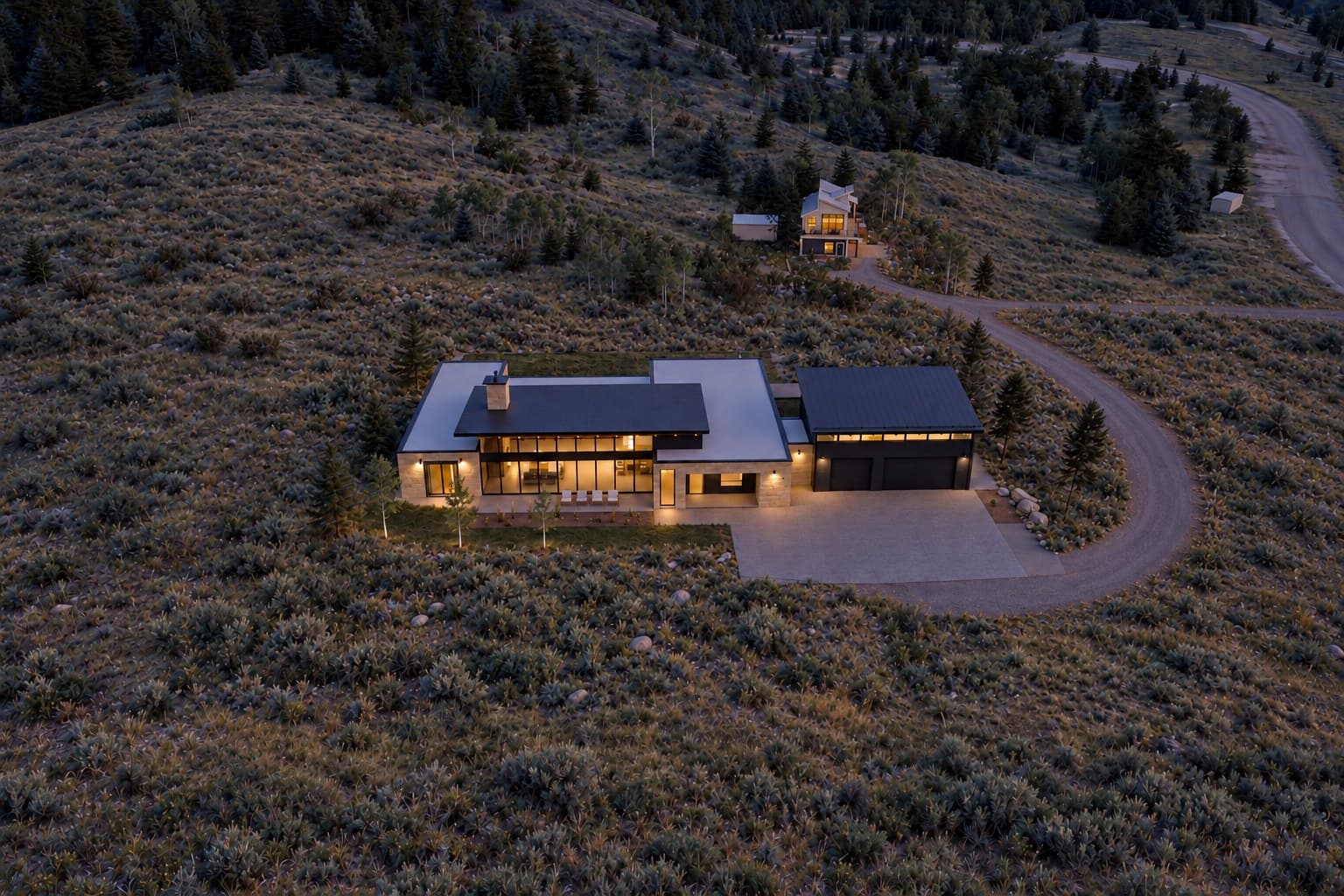 The new home at dusk from the air