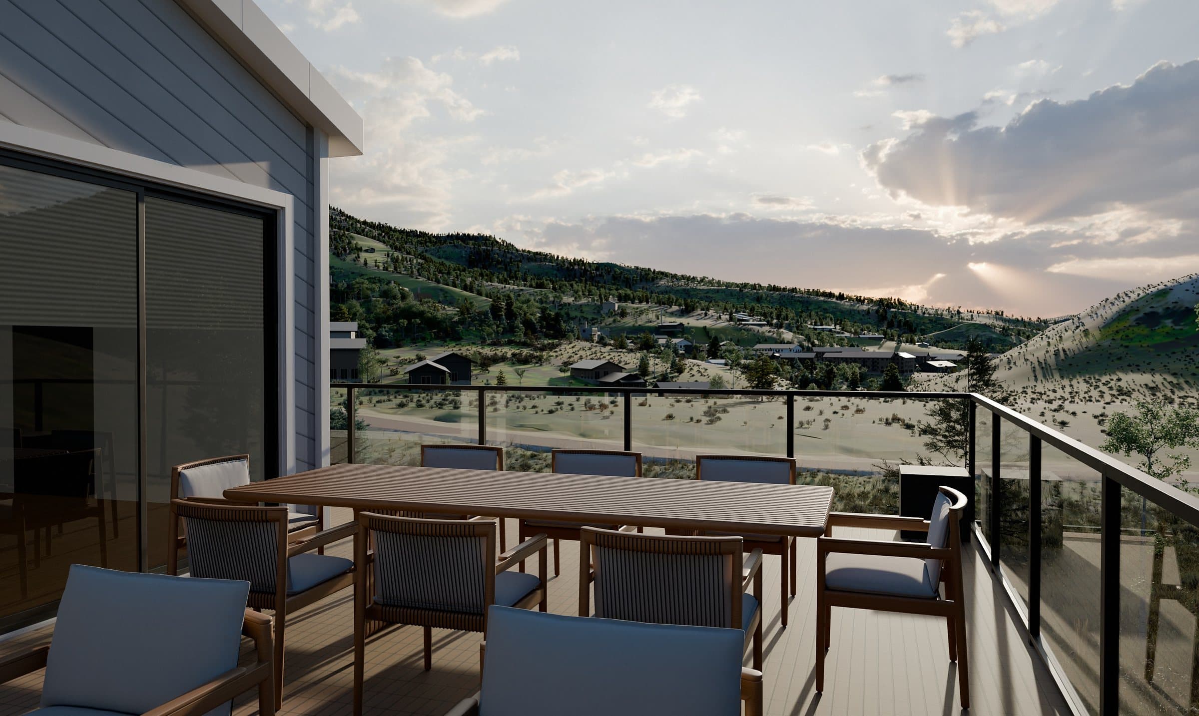 Dining table on the remodel's roof deck on a summer evening