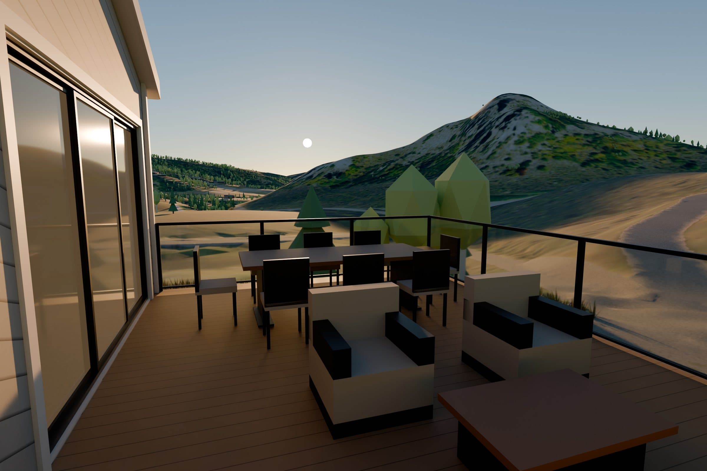 The remodel's roof deck lounge at sunset with the mountain beyond