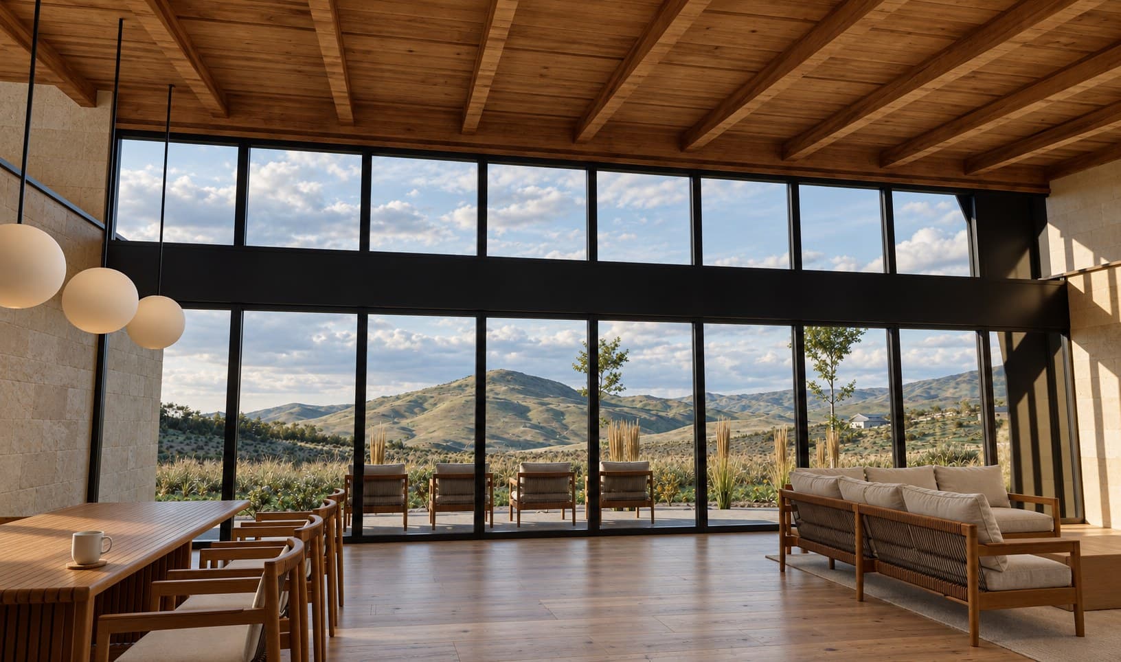 Great room of the new home looking north toward the entry and the meadow