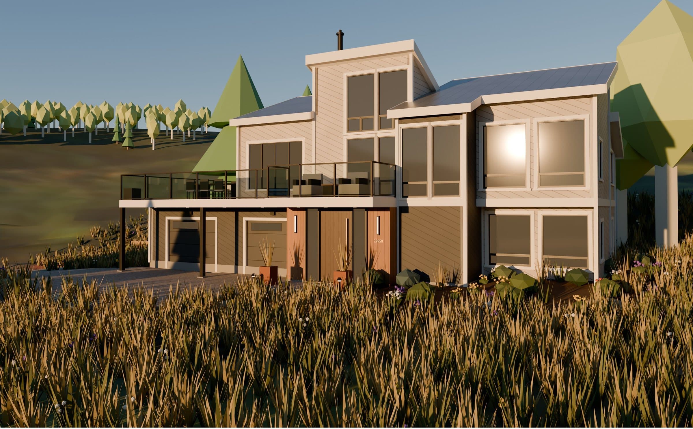 Low-poly working model of the remodeled house at golden hour