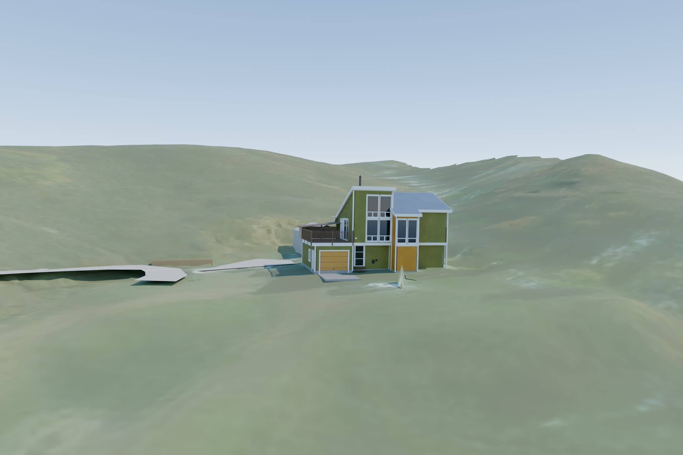 3D model of the existing house and terrain, rendered from the drone photo's exact camera