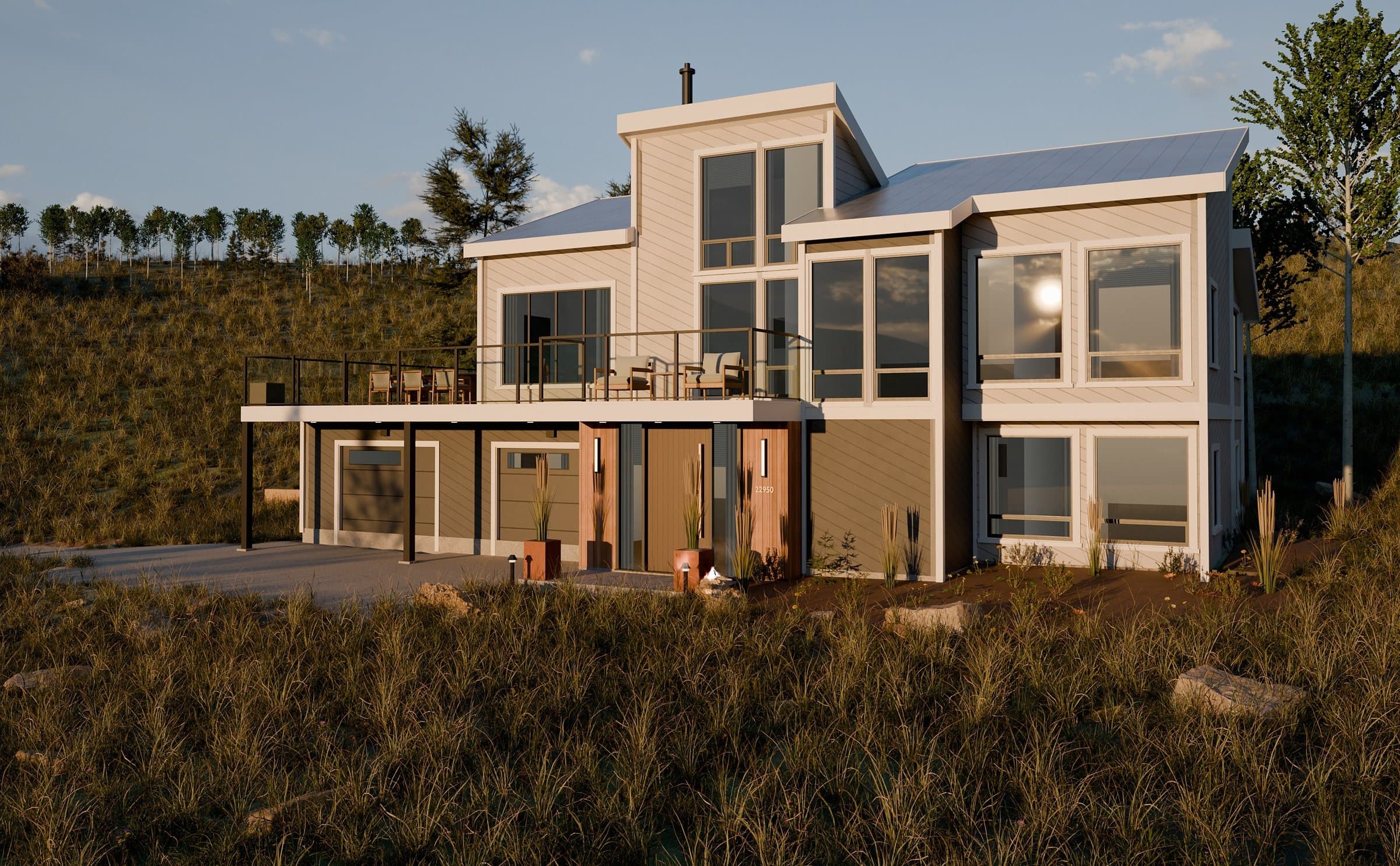 The same view rendered photoreal: real trees, meadow grasses and materials
