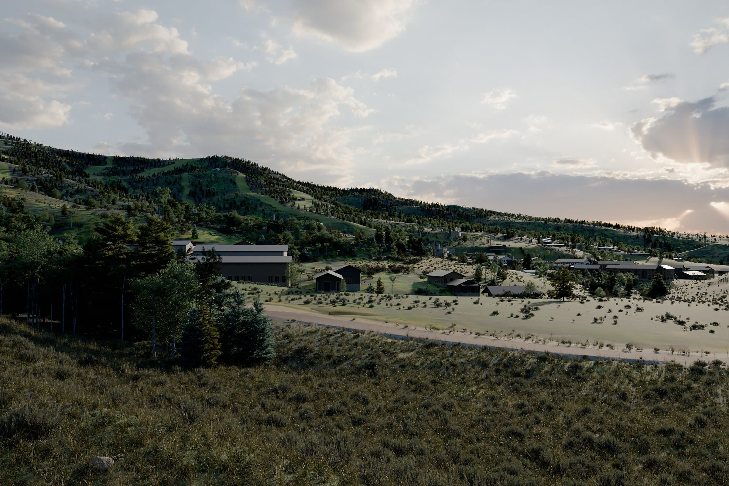View from the remodel's roof deck toward the ski area on a summer evening
