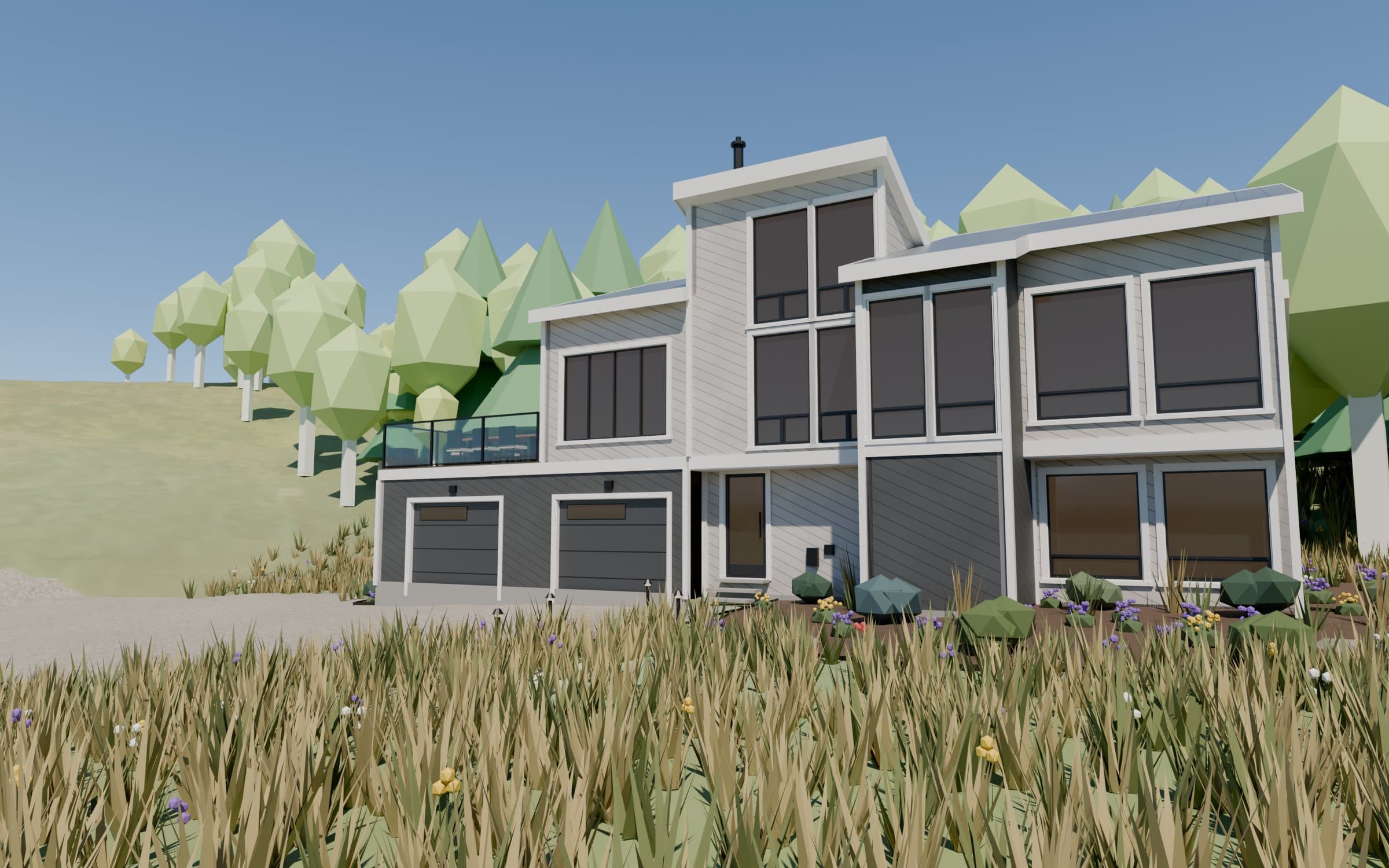 The remodel concept from the same camera: two-car garage with a glass-railed roof deck, new siding and windows, landscaping