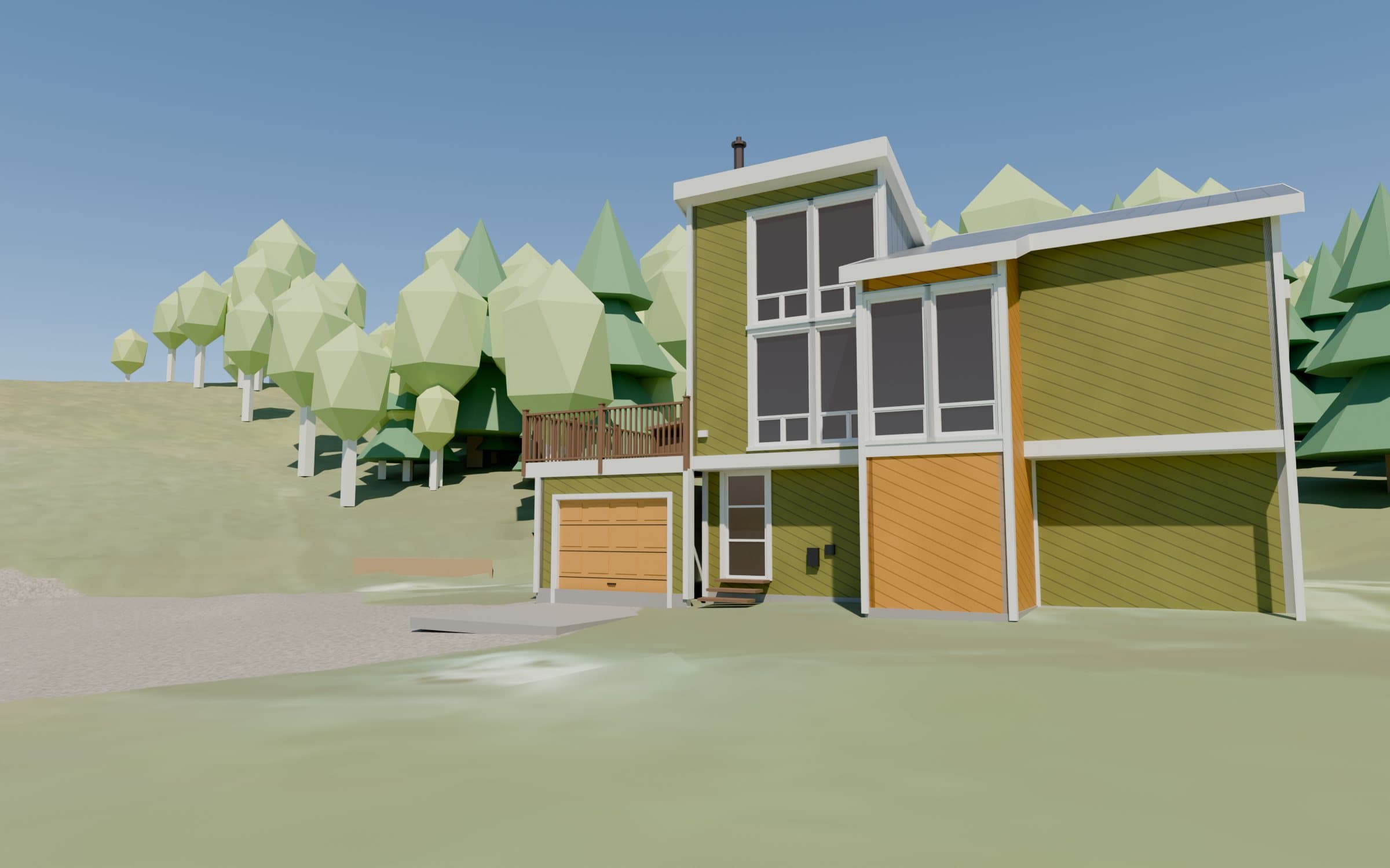 3D model of the existing house: green and yellow siding, one garage door, a small wooden deck