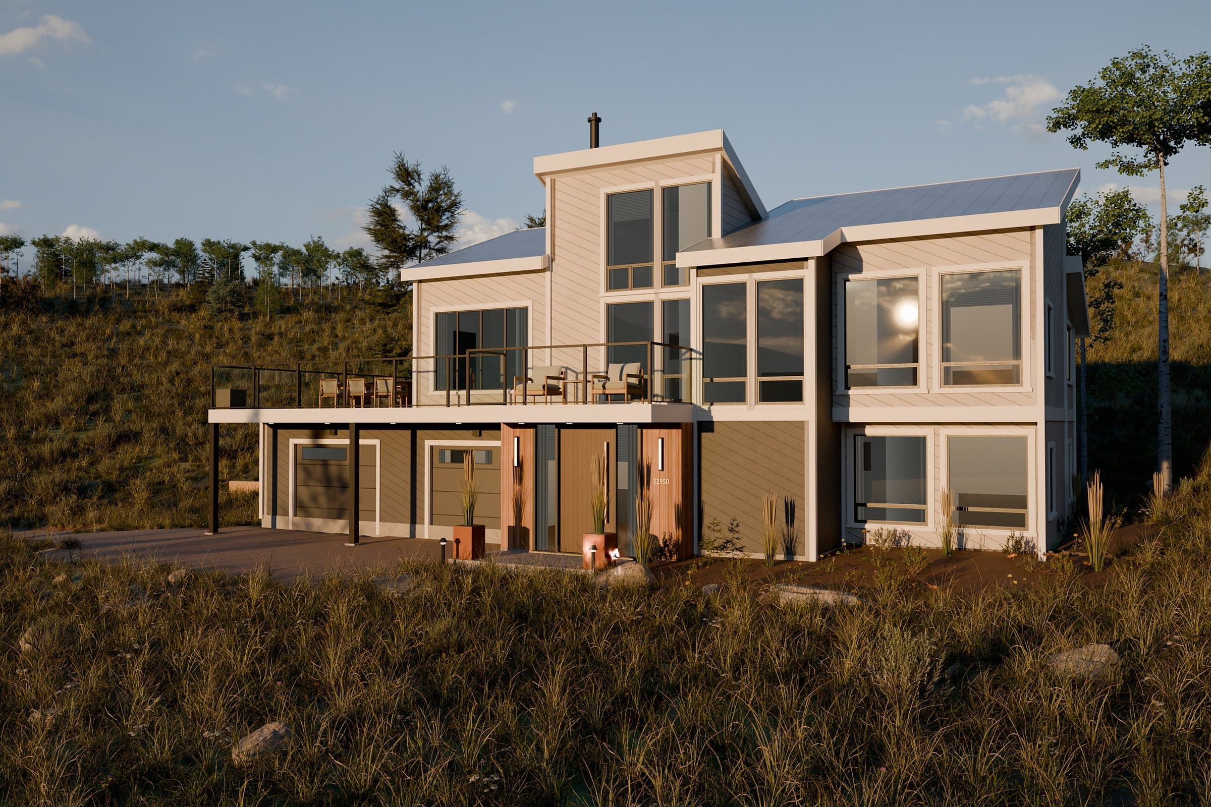 The remodeled house at summer golden hour