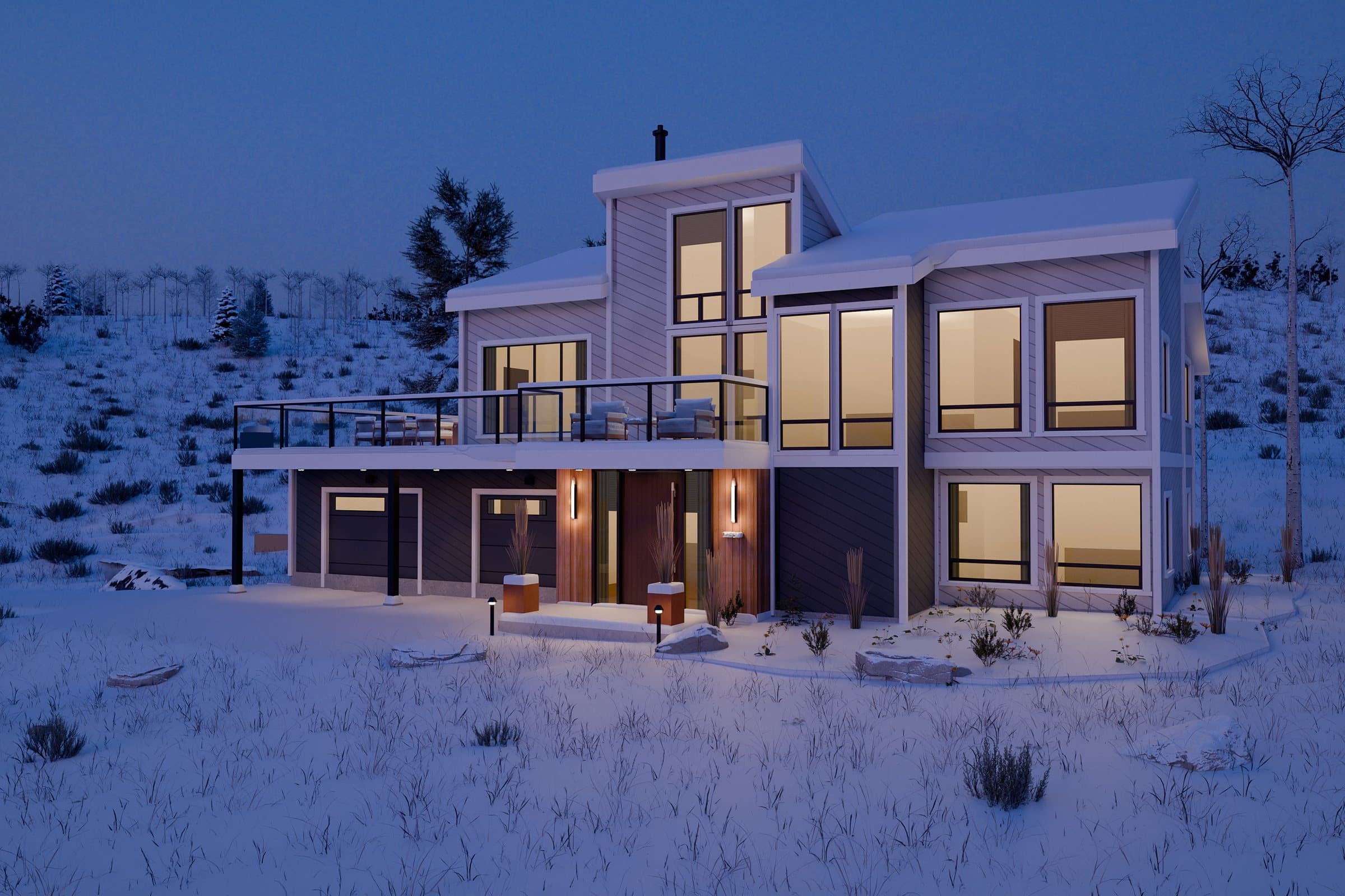The same view at winter twilight, windows and entry lit