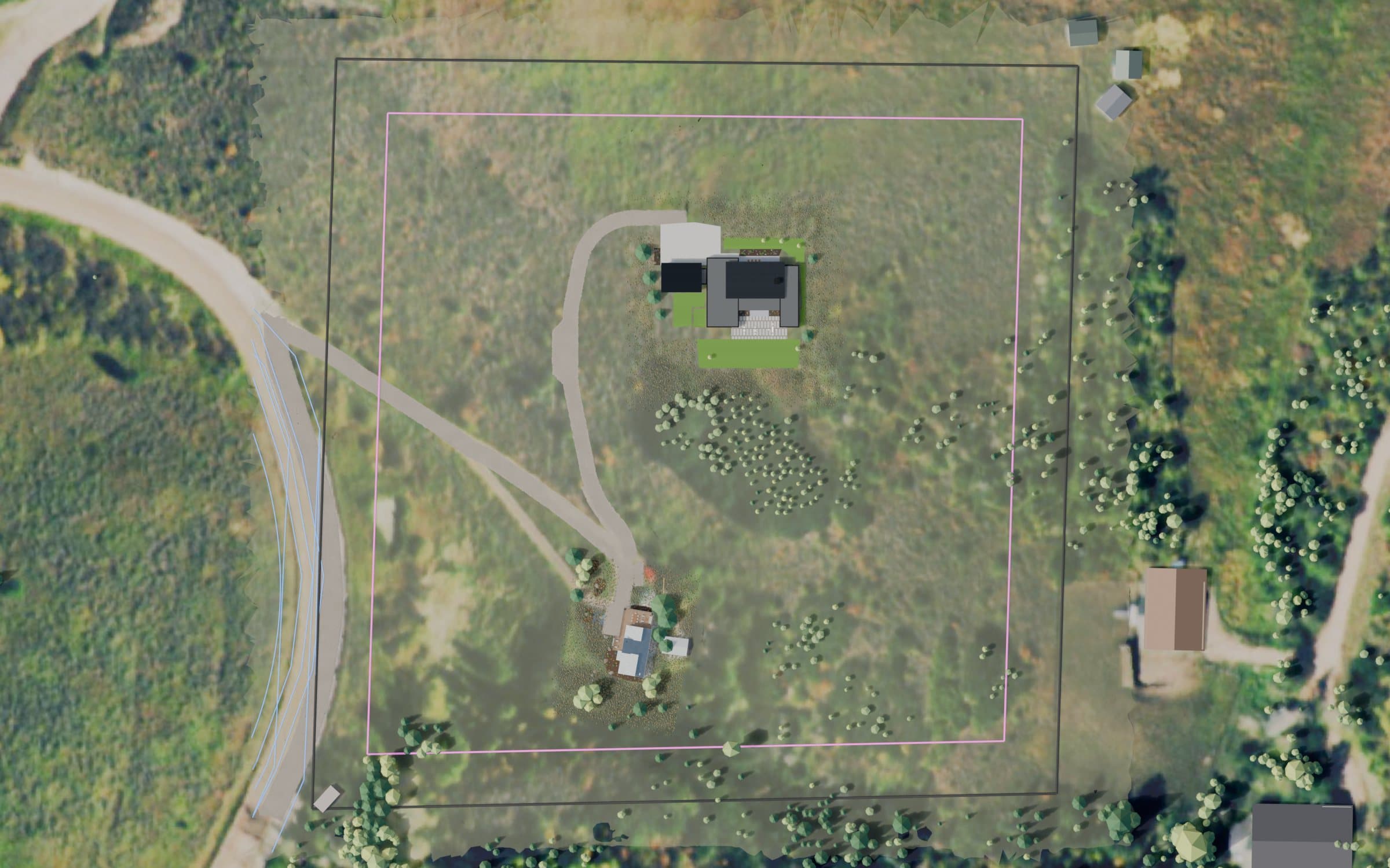 Top-down site plan: aerial imagery with the property lines, both houses, and the new driveway arcing up to the second home
