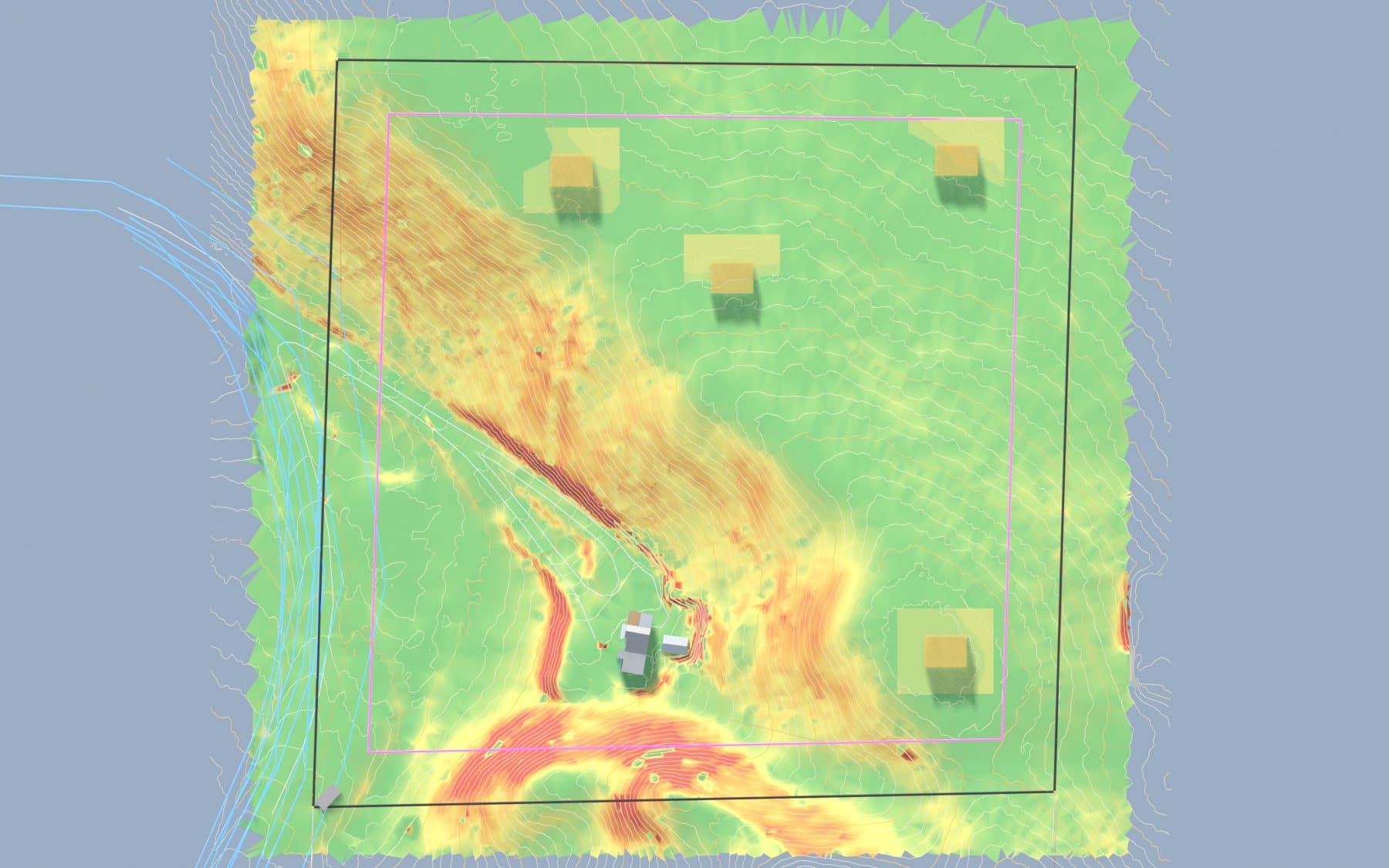Slope map of the property, green on gentle ground and red on steep ground, with candidate building sites