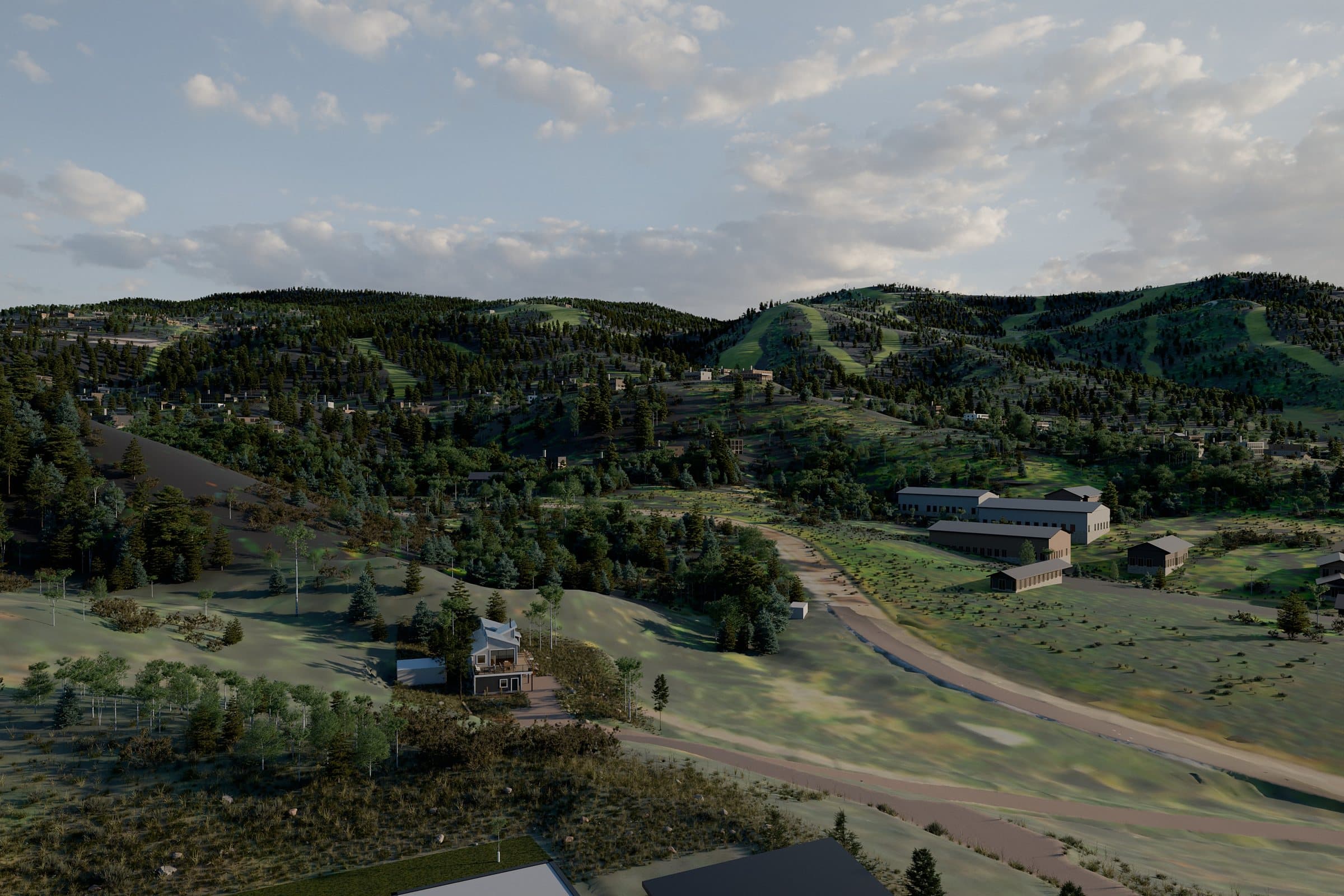 Aerial over the new home toward the ski mountain on a summer evening