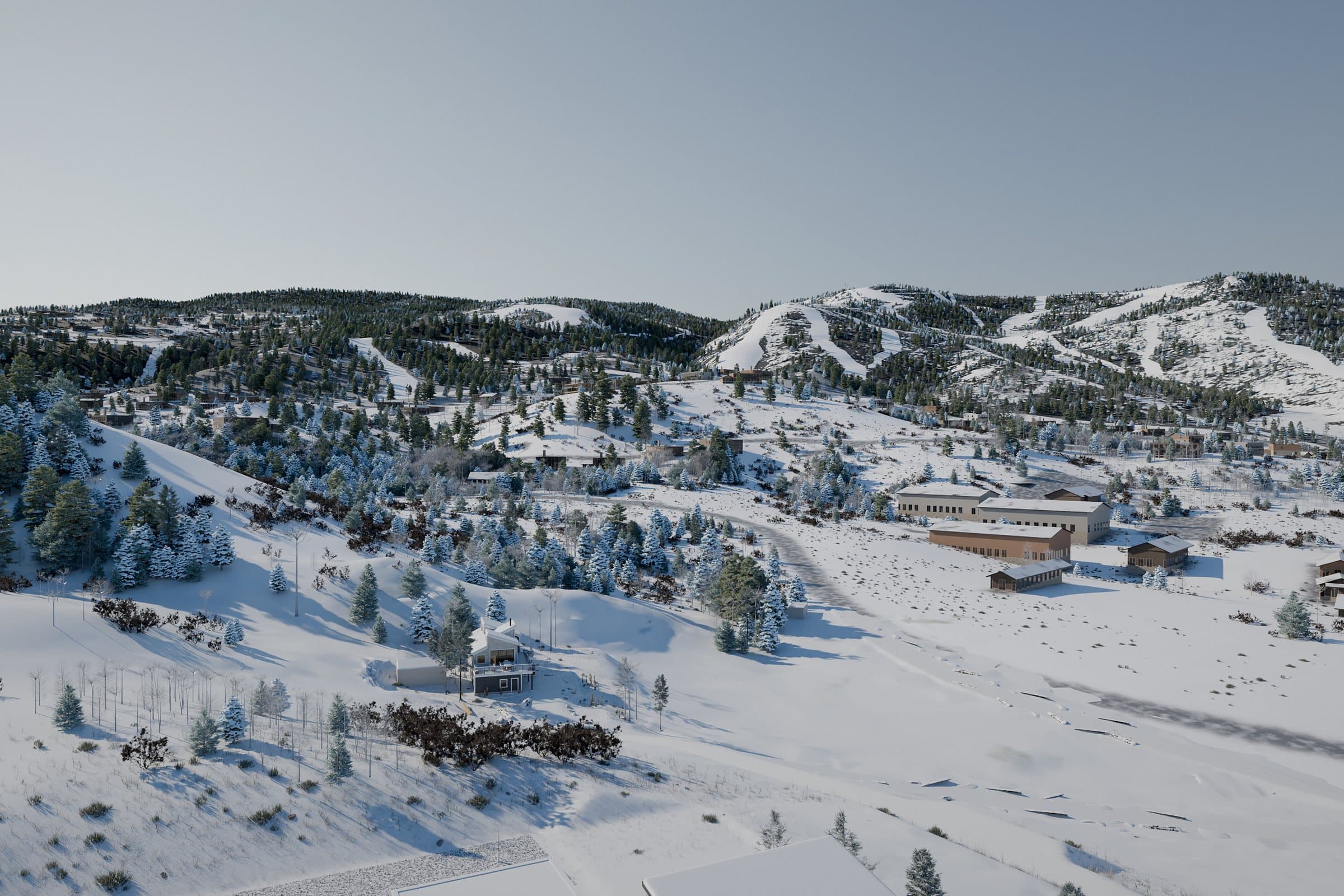The same aerial view in winter, with snow on the runs