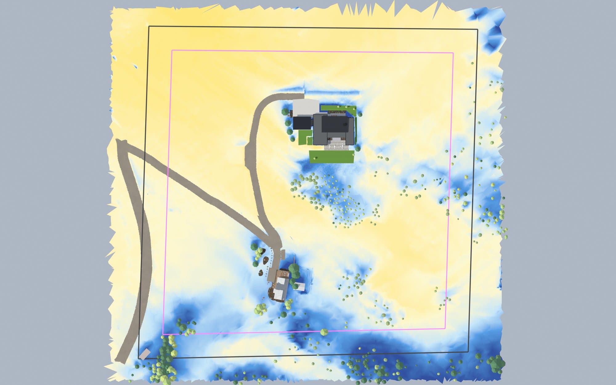 Top-down map of the site colored by hours of direct sun on December 21, yellow for the sunniest ground, with both houses and the new driveway